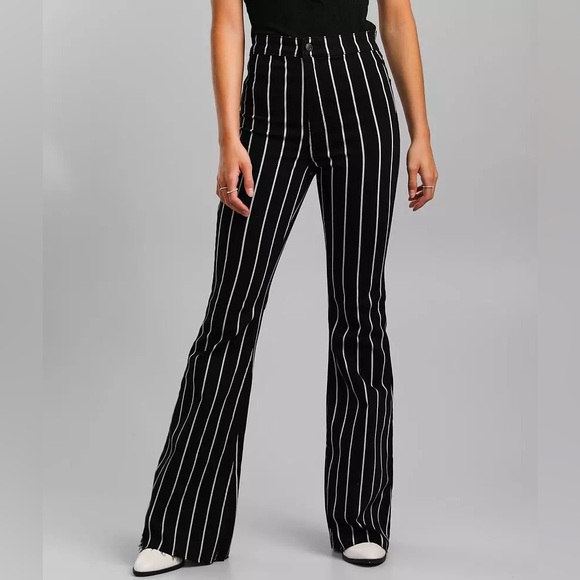 Cello Pants - Cello Junior Black White Stripe High Rise Flare Stretch Jeans Size 7 Frayed Hem